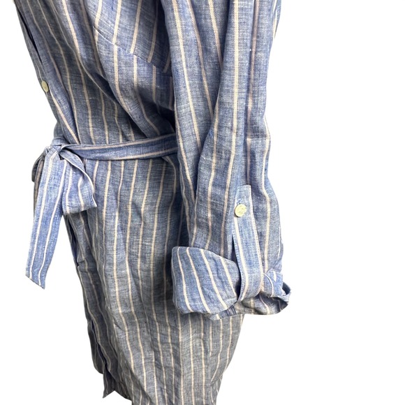 Ann Taylor Linen Striped Shirt Dress Medium Blue White Belted Coastal Preppy - Picture 6 of 11